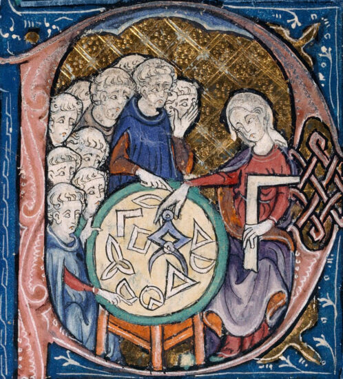 L'abbinamento di squadra e compasso è un simbolismo ricorrente da tempo nelle arti, come in questa illustrazione medievale degli Elementi di Euclide, dove compaiono in mano ad una figura magistrale femminile.