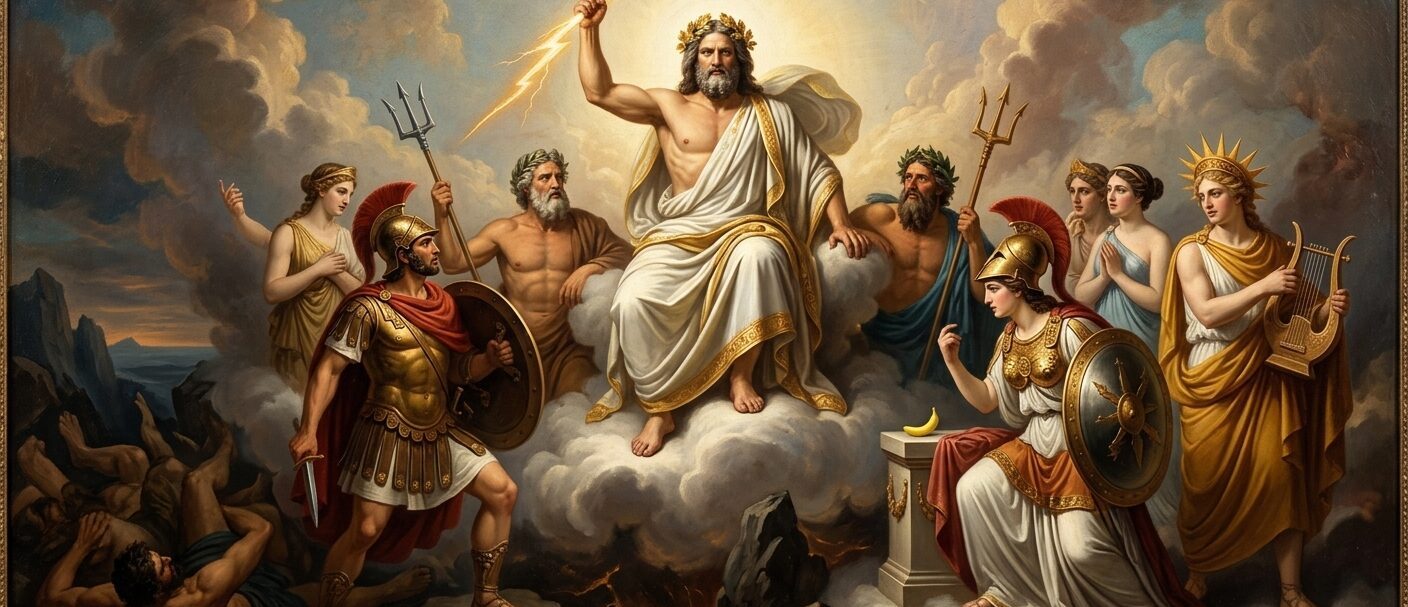 Dipinto classico di Zeus che scaglia un fulmine dal Monte Olimpo durante una battaglia mitologica contro i Titani.