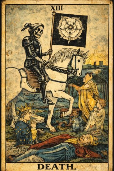 Carta dei Tarocchi La Morte (XIII): uno scheletro in armatura su un cavallo bianco porta un vessillo con una rosa, davanti a un re caduto e figure in preghiera.