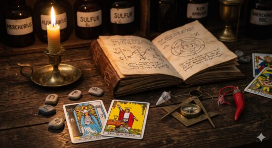 Una composizione fotografica di oggetti esoterici su un tavolo di legno: un libro antico aperto, carte dei Tarocchi (La Papessa e Il Bagatto), pietre runiche, un compasso massonico e un cornicello napoletano, illuminati dalla luce di una candela.