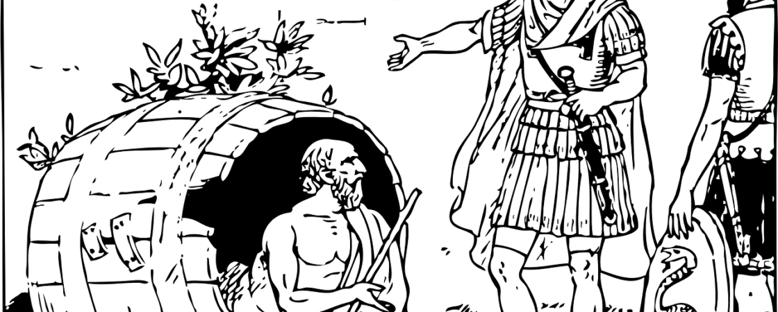 Il filosofo Diogene e la sua vita in una botte