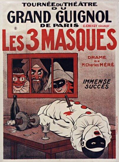 Locandina di Adrien Barrère per uno spettacolo del Grand Guignol che illustra una scena macabra.