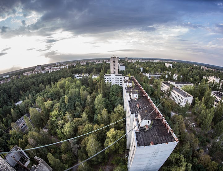 Veduta dall'alto della città di Chernobyl oggi