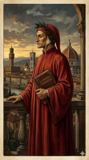 Ritratto di Dante Alighieri con la Divina Commedia in mano e la cupola del Brunelleschi di Firenze sullo sfondo, simbolo dei più celebri scrittori fiorentini.