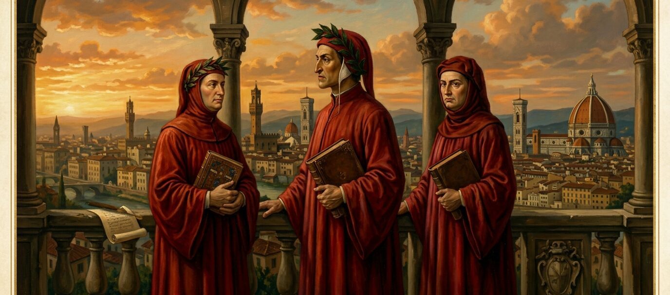 Ritratto delle Tre Corone della letteratura italiana: Dante Alighieri, Francesco Petrarca e Giovanni Boccaccio con le loro opere e la città di Firenze sullo sfondo.