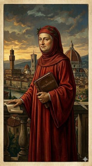 Ritratto di Giovanni Boccaccio con una copia del Decameron tra le mani e la città di Firenze sullo sfondo.