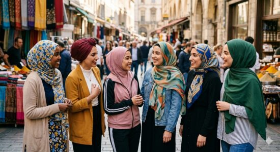 Un gruppo di donne sorridenti che conversano tra loro indossando diverse tipologie di hijab colorati e stili di velo islamico in una strada cittadina.