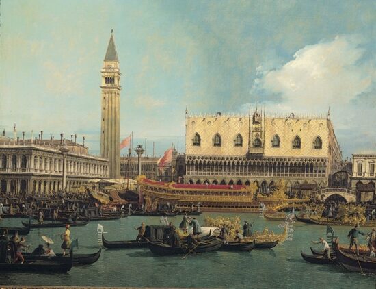 Dipinto di Canaletto 'Il ritorno del Bucintoro al molo nel giorno dell'Ascensione', esempio di vedutismo veneziano.