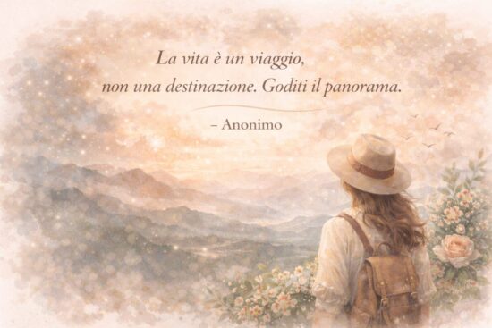 Frasi ad effetto e commoventi sulla vita: citazione anonima 'La vita è un viaggio, non una destinazione. Goditi il panorama' con illustrazione di una viaggiatrice di fronte alle montagne.