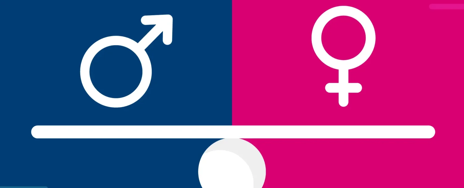 Illustrazione concettuale sulla disparità di genere: simbolo maschile su sfondo blu e simbolo femminile su sfondo rosa, bilanciati su una linea orizzontale.