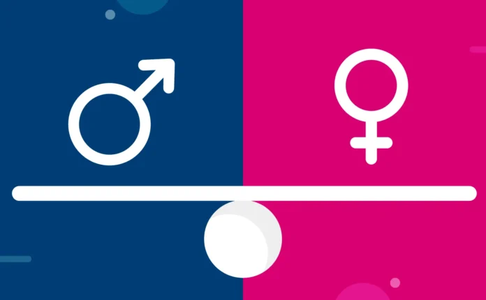 Illustrazione concettuale sulla disparità di genere: simbolo maschile su sfondo blu e simbolo femminile su sfondo rosa, bilanciati su una linea orizzontale.