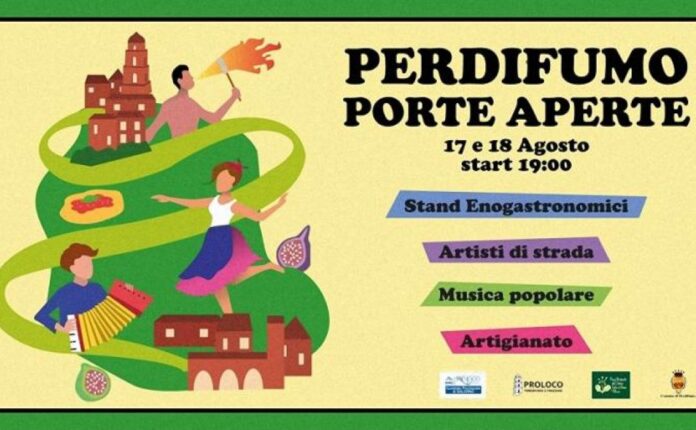 Locandina della sagra Perdifumo Porte Aperte 2025, in programma il 17 e 18 agosto dalle ore 19:00, con stand enogastronomici, artisti di strada, musica popolare e artigianato nel borgo cilentano.