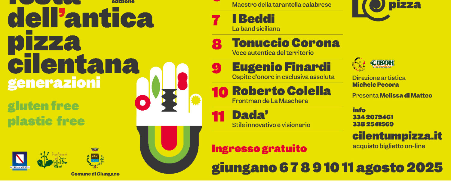 Locandina ufficiale Festa dell’Antica Pizza Cilentana 2025 a Giungano con date, ospiti e programma