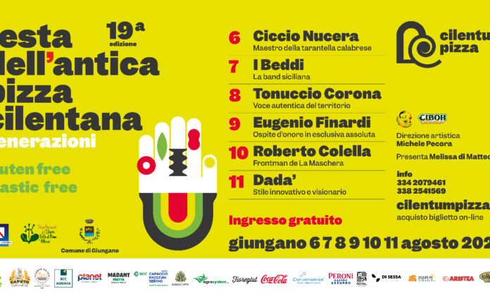 Locandina ufficiale Festa dell’Antica Pizza Cilentana 2025 a Giungano con date, ospiti e programma