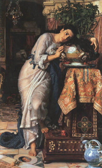 <em>Isabella e il vaso di basilico, William H. Hunt, 1867 (versione integrale) – Laing Art Gallery, Inghilterra (Immagine di dominio pubblico)</em>