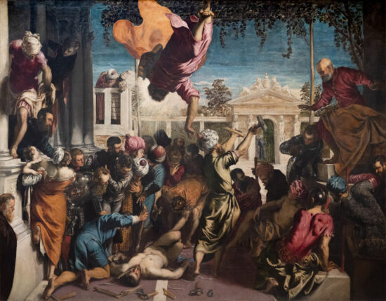 Il dipinto 'Il Miracolo di San Marco' di Tintoretto, che mostra San Marco che scende dal cielo per salvare uno schiavo nudo a terra, circondato da una folla concitata.