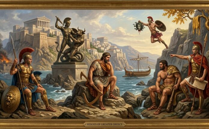 Dipinto allegorico con cornice dorata che raffigura sei grandi eroi greci: Achille, Teseo (in statua con il Minotauro), Odisseo, Eracle, Giasone e Perseo, riuniti su una costa rocciosa davanti all'Acropoli e a una città di mare. In basso, una targa con la scritta "HEROES OF GREATER GREECE".