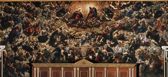 La monumentale tela 'Il Paradiso' di Tintoretto, che raffigura l'incoronazione della Vergine circondata da una moltitudine di santi e angeli in un turbine di luce.