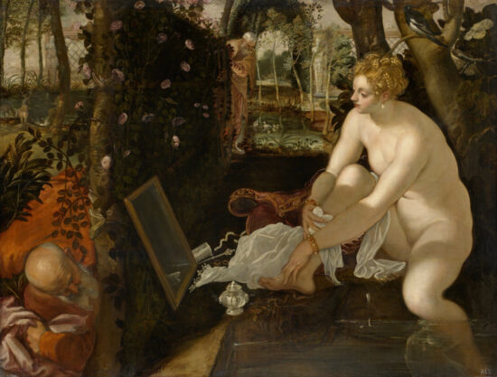 Il dipinto 'Susanna e i Vecchioni' di Tintoretto, con Susanna nuda che si ammira in uno specchio mentre due anziani la spiano nascosti tra la vegetazione.