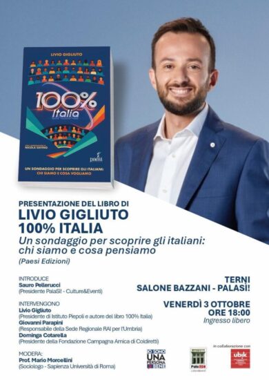 presentazione del libro "100% Italia", Livio Gigliuto, Palasì Terni, locandina
