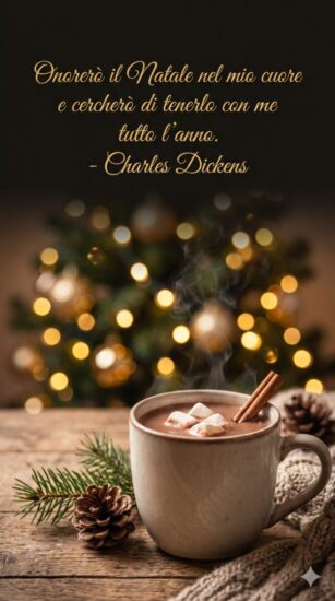 Biglietto di auguri di Natale elegante con tazza calda e celebre aforisma di Charles Dickens