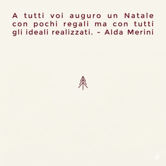 Grafica minimalista con albero stilizzato e profonda frase di Alda Merini sul vero senso del Natale