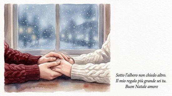 Illustrazione romantica di due mani che si stringono con dedica d'amore per gli auguri di Natale al partner