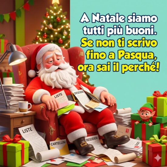 Immagine divertente per auguri di Natale su WhatsApp con Babbo Natale stanco e frase ironica
