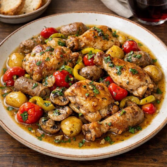Pollo scarpariello con salsiccia e peperoni