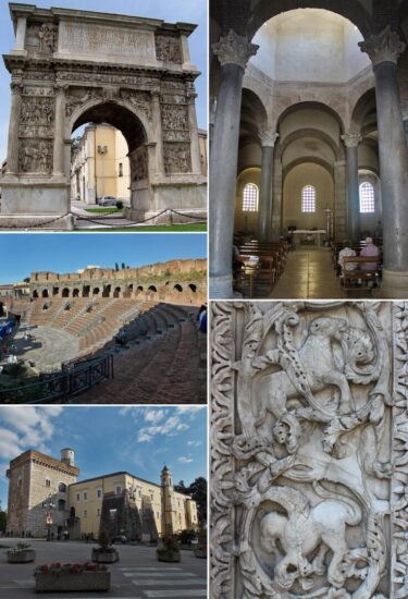 Collage dei principali monumenti di Benevento tra cui l'Arco di Traiano