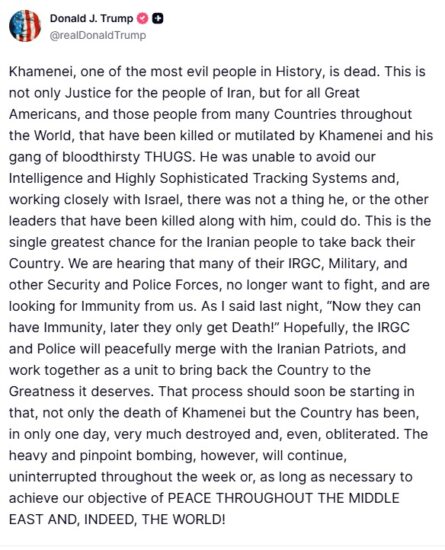 Twitter, Donald Trump annuncia la morte del capo supremo iraniano Khamenei Post di Donald Trump sulla morte di Khamenei