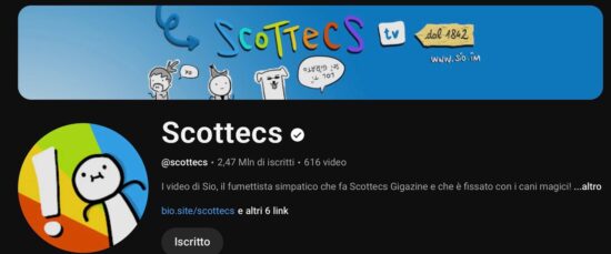 Schermata principale del canale YouTube "Scottecs" del creator e fumettista Sio