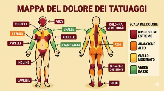 Infografica che mostra la mappa del dolore dei tatuaggi sul corpo umano, con zone colorate e descritte in italiano per indicare i livelli di sensibilità.