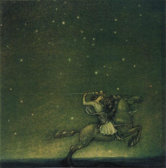 C'era una volta un principe che cavalcava alla luce della luna; illustrazione dello svedese John Bauer del 1914 per la fiaba L'anello di Helena Nyblom.
