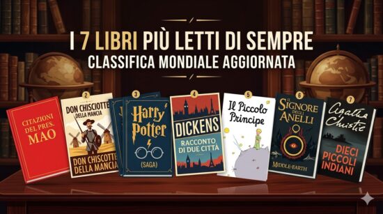 Collage delle copertine dei 7 libri più letti e venduti di sempre al mondo, tra cui Harry Potter, Il Signore degli Anelli e Don Chisciotte