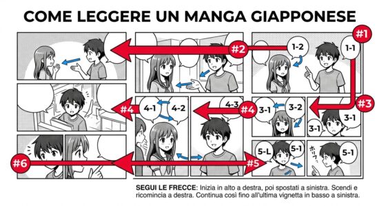 Diagramma illustrato su come leggere un manga giapponese: frecce rosse numerate mostrano il senso di scorrimento dall'alto a destra verso il basso a sinistra.