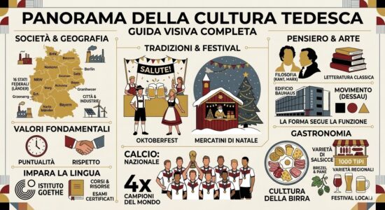 Infografica in italiano sulla cultura tedesca divisa in settori: cibo e tradizioni, storia, arte, letteratura e musica techno.
