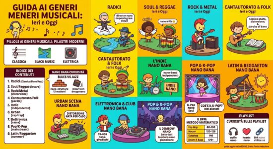 Infografica illustrata sull'evoluzione dei generi musicali