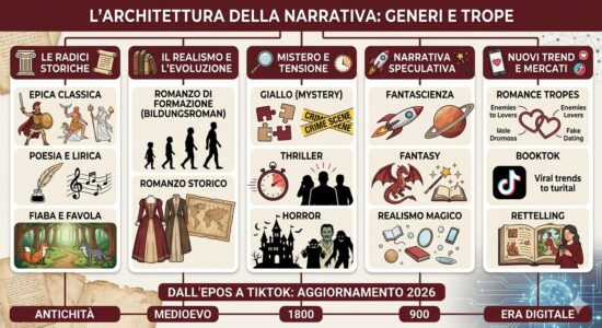 Illustrazione schematica dei generi letterari e dei tropes narrativi. La grafica divide la letteratura in cinque rami principali: radici storiche, realismo ed evoluzione, mistero e tensione, narrativa speculativa e nuovi trend editoriali come retelling e romance tropes.