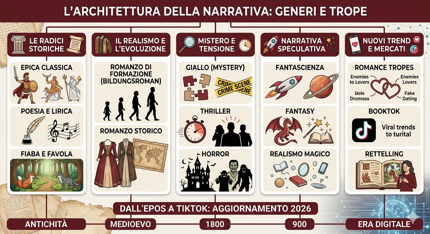 Illustrazione schematica dei generi letterari e dei tropes narrativi. La grafica divide la letteratura in cinque rami principali: radici storiche, realismo ed evoluzione, mistero e tensione, narrativa speculativa e nuovi trend editoriali come retelling e romance tropes.