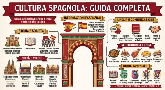 Un'infografica a mosaico che riassume i pilastri della cultura spagnola: vita all'aperto, ritmi ritardati, gastronomia (tapas, paella), arte e letteratura (Cervantes, Picasso), folklore (flamenco, feste) e regole sociali (due baci, tu formale).