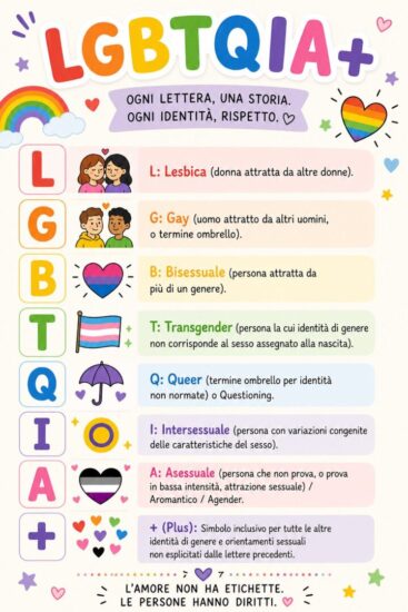 Infografica LGBTQIA+ con spiegazione delle lettere: lesbica, gay, bisessuale, transgender, queer, intersessuale, asessuale e simbolo plus per identità di genere e orientamenti sessuali.