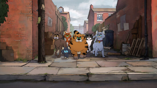 Alley Cats. (L to R) David Earl as Puke, Jo Hartley as Kitten, Diane Morgan as Olive, Ricky Gervais as Gus, Andrew Brooke as Fang, Tom Basden as Ponce, in Alley Cats. Cr. Courtesy of Netflix © 2026