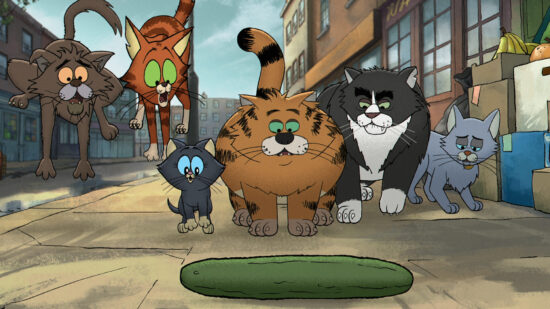 Alley Cats. (L to R) David Earl as Puke, Jo Hartley as Kitten, Diane Morgan as Olive, Ricky Gervais as Gus, Andrew Brooke as Fang, Tom Basden as Ponce, in Alley Cats. Cr. Courtesy of Netflix © 2026